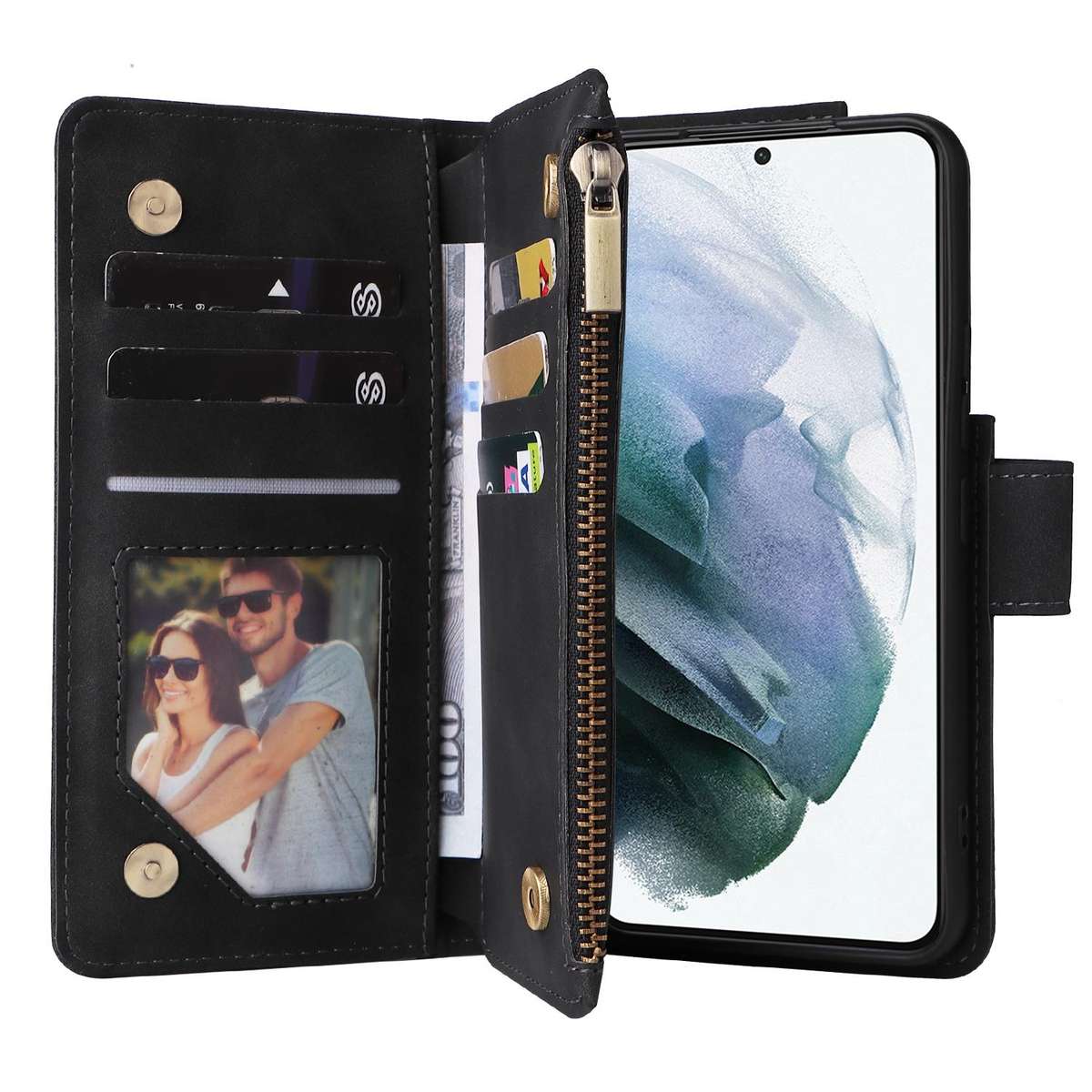 For Samsung Galaxy S22+ 5G Multifunctional Frosted Zipper Wallet Leather Phone Case(Black)