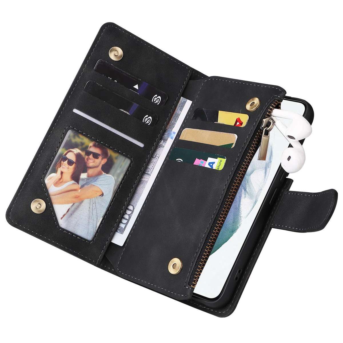 For Samsung Galaxy S22+ 5G Multifunctional Frosted Zipper Wallet Leather Phone Case(Black)