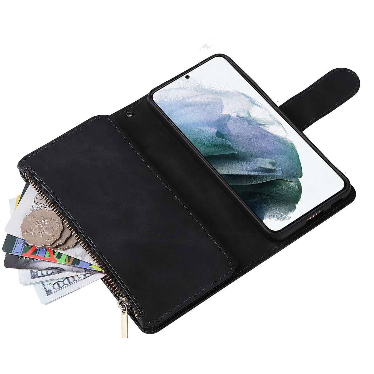 For Samsung Galaxy S22+ 5G Multifunctional Frosted Zipper Wallet Leather Phone Case(Black)