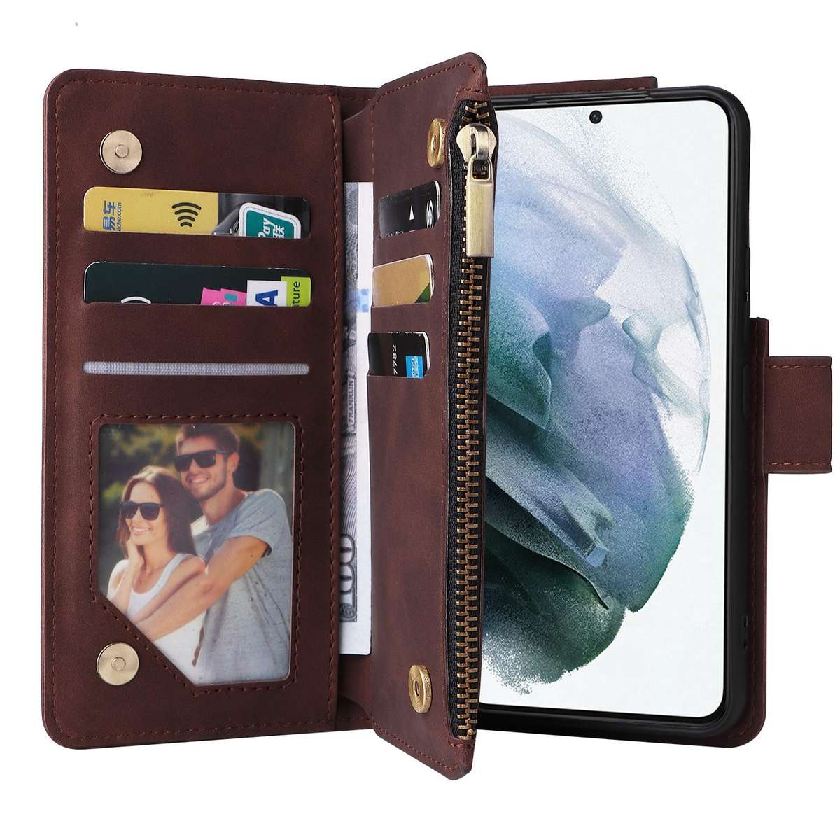 For Samsung Galaxy S22+ 5G Multifunctional Frosted Zipper Wallet Leather Phone Case(Coffee)