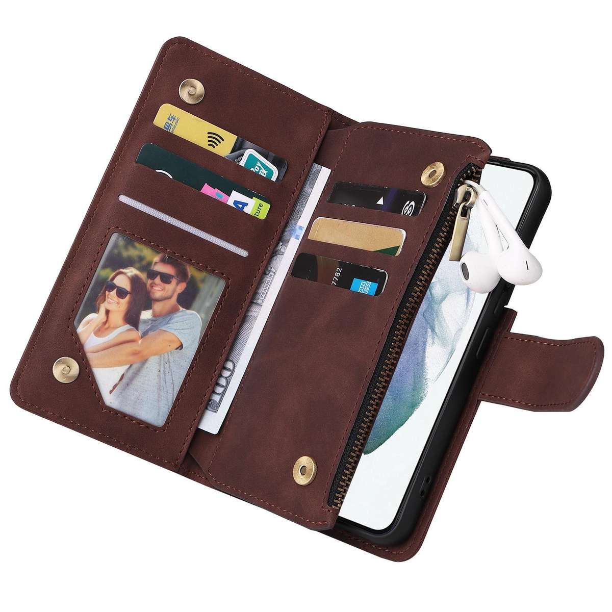 For Samsung Galaxy S22+ 5G Multifunctional Frosted Zipper Wallet Leather Phone Case(Coffee)