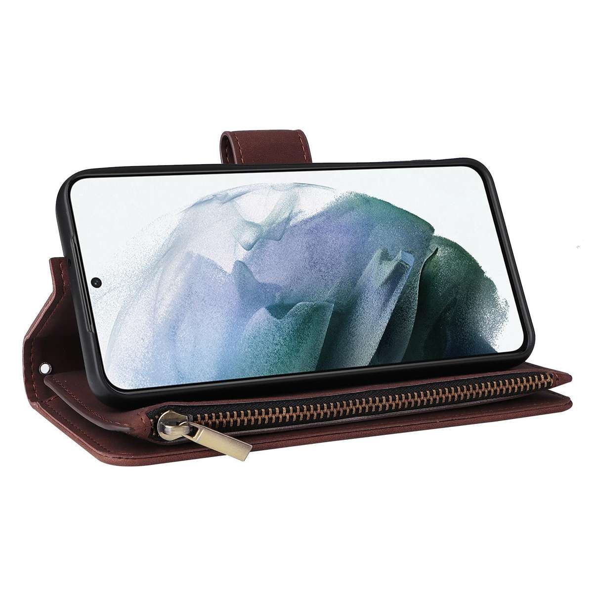 For Samsung Galaxy S22+ 5G Multifunctional Frosted Zipper Wallet Leather Phone Case(Coffee)