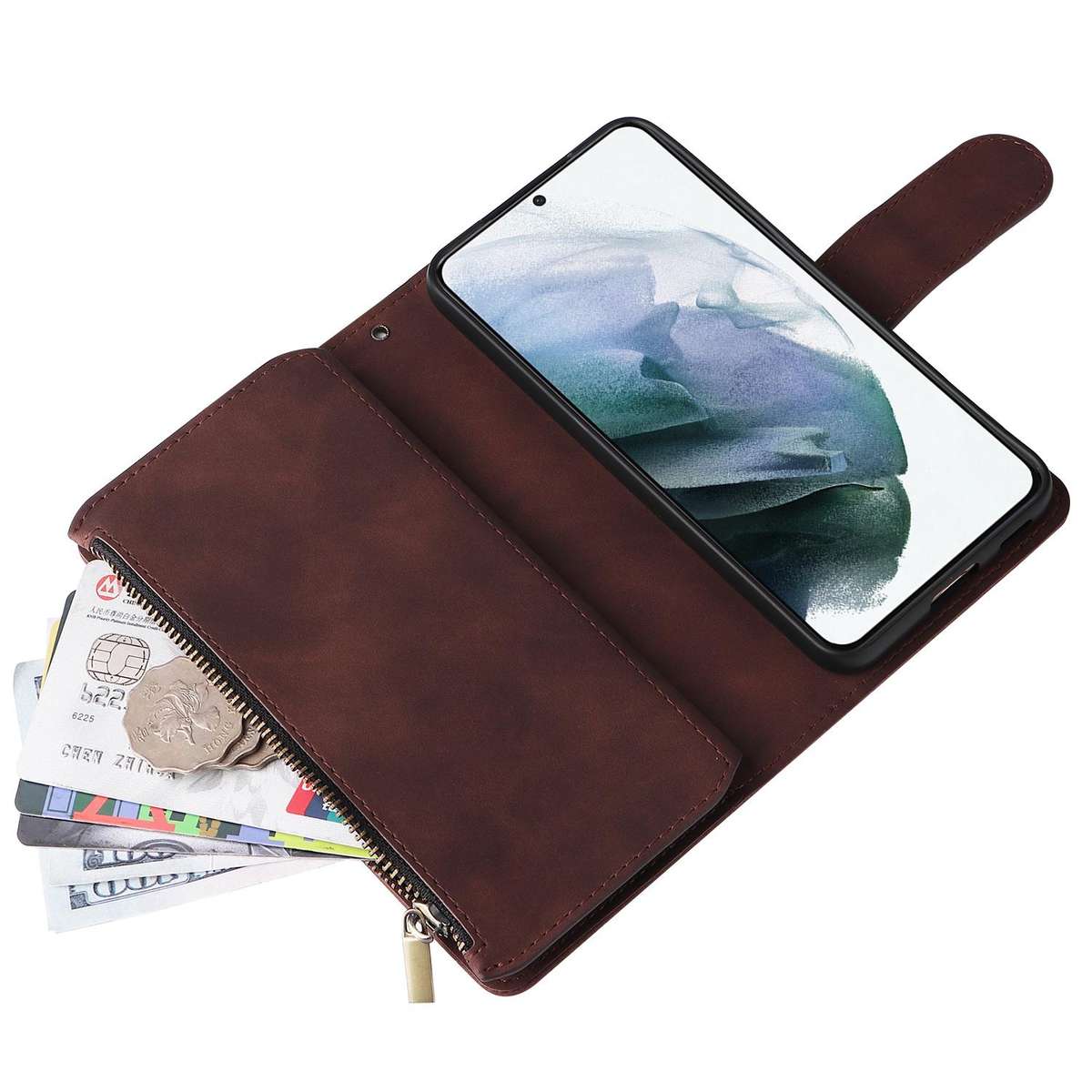 For Samsung Galaxy S22+ 5G Multifunctional Frosted Zipper Wallet Leather Phone Case(Coffee)