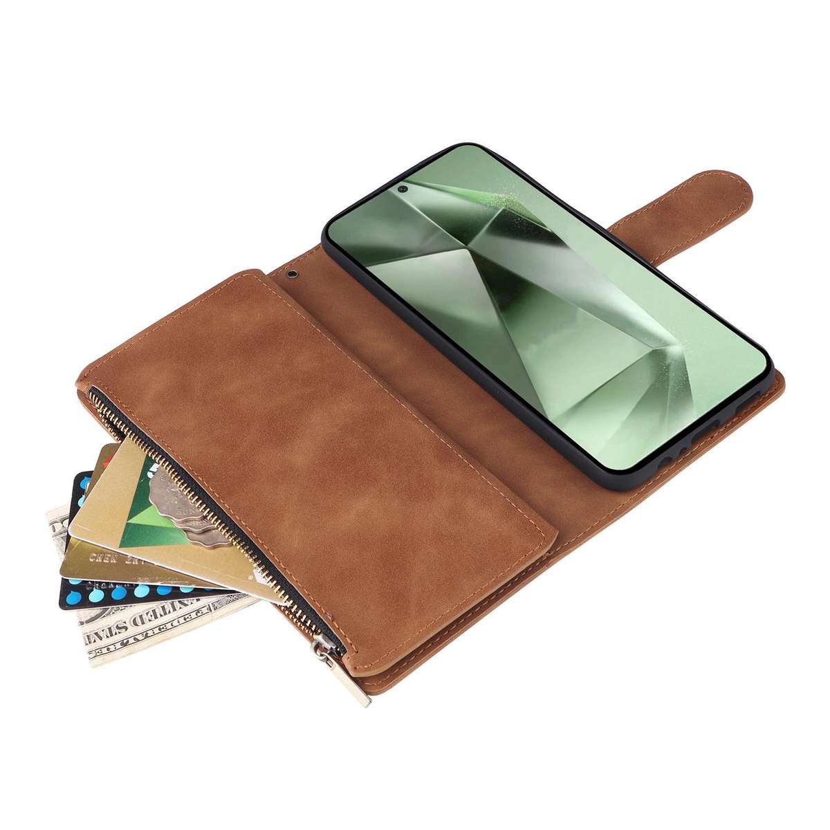 For Samsung Galaxy S25 FE 5G Multifunctional Frosted Zipper Wallet Leather Phone Case(Brown)