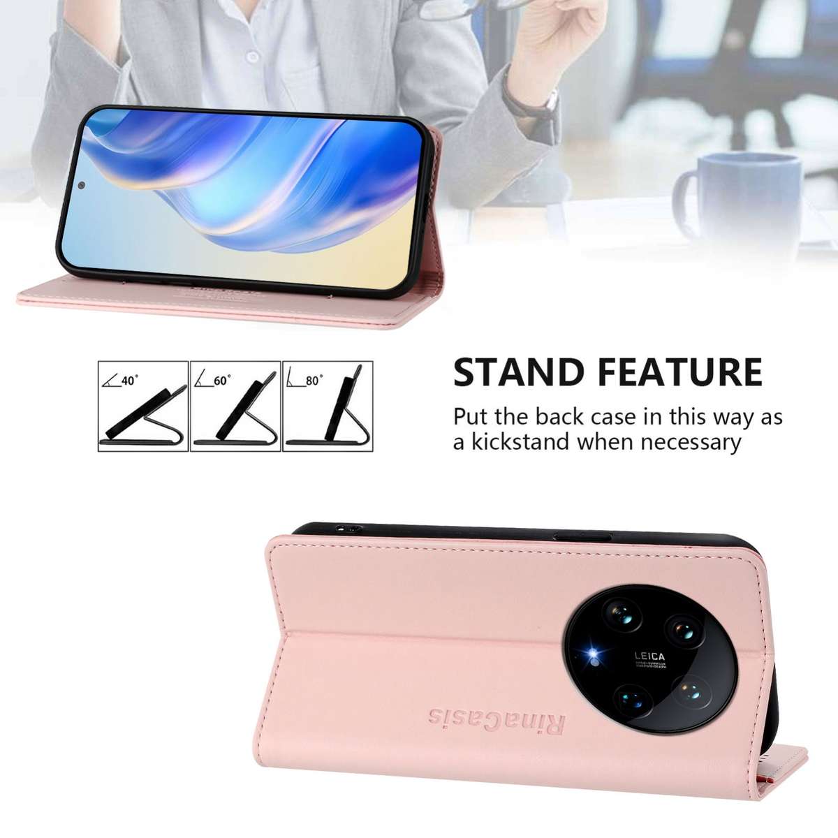 For Xiaomi 14 Ultra 5G RC01 Dual-Folded Magnetic Suction RFID Leather Phone Case(Pink)