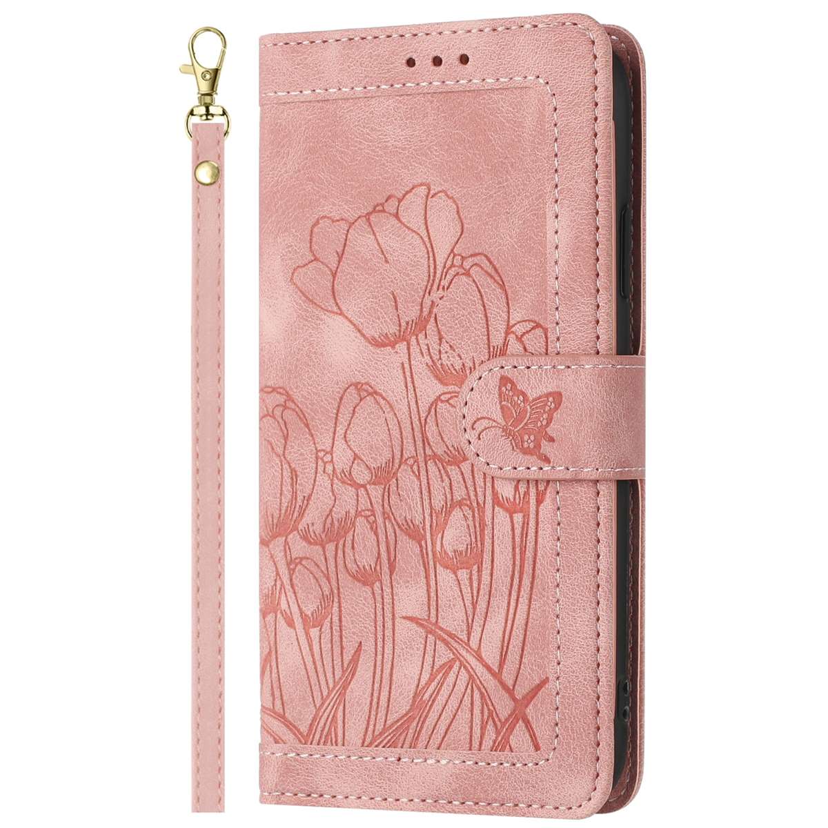 For Samsung Galaxy S22+ 5G Tulips Embossed Leather Phone Case with Lanyard(Pink)