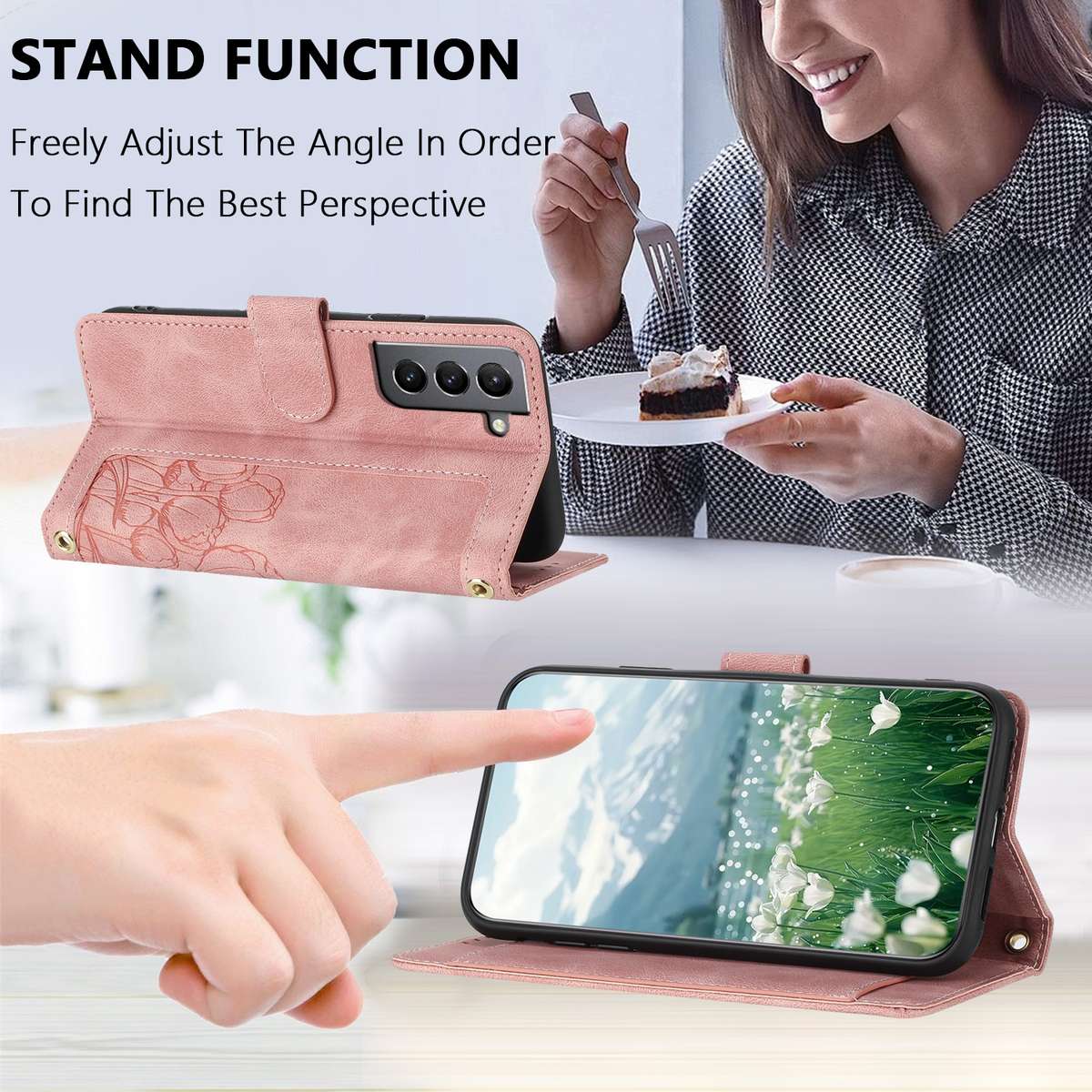 For Samsung Galaxy S22+ 5G Tulips Embossed Leather Phone Case with Lanyard(Pink)