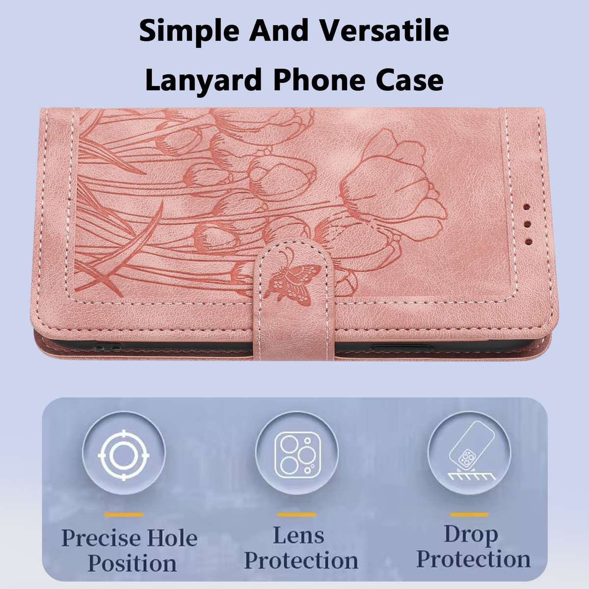 For Samsung Galaxy S22+ 5G Tulips Embossed Leather Phone Case with Lanyard(Pink)