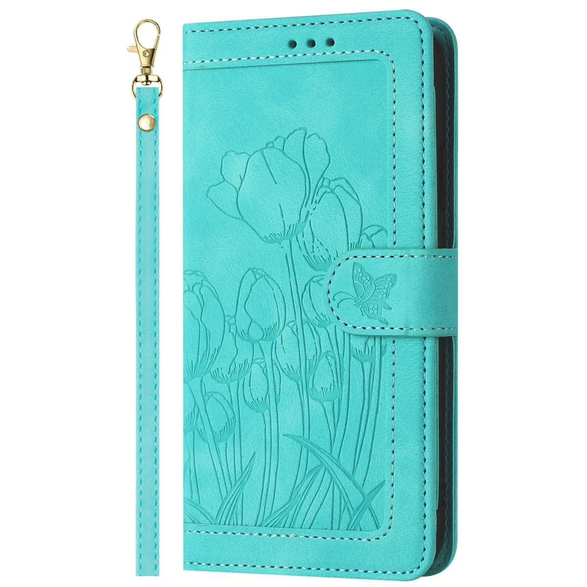 For Samsung Galaxy S22+ 5G Tulips Embossed Leather Phone Case with Lanyard(Green)