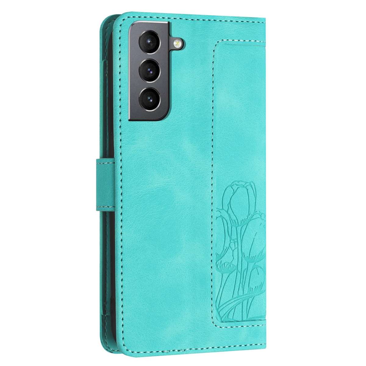 For Samsung Galaxy S22+ 5G Tulips Embossed Leather Phone Case with Lanyard(Green)