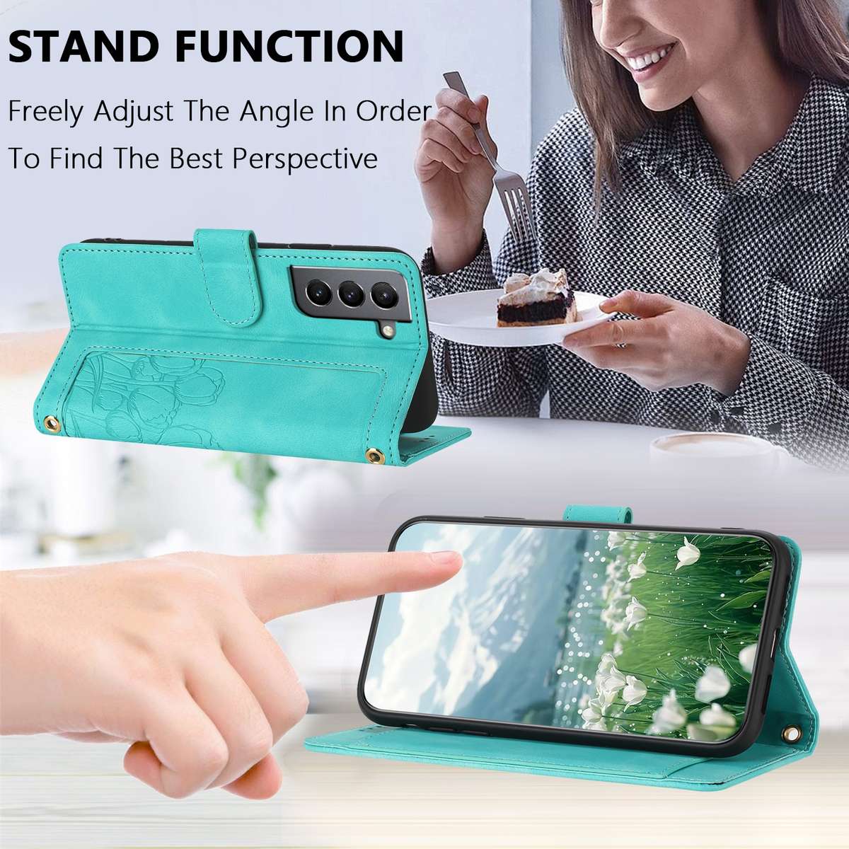 For Samsung Galaxy S22+ 5G Tulips Embossed Leather Phone Case with Lanyard(Green)