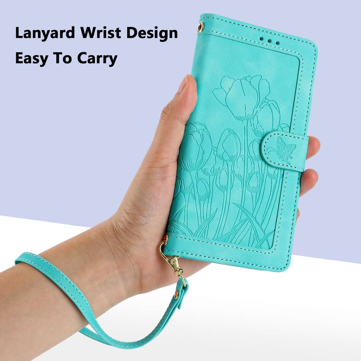 For Samsung Galaxy S22+ 5G Tulips Embossed Leather Phone Case with Lanyard(Green)