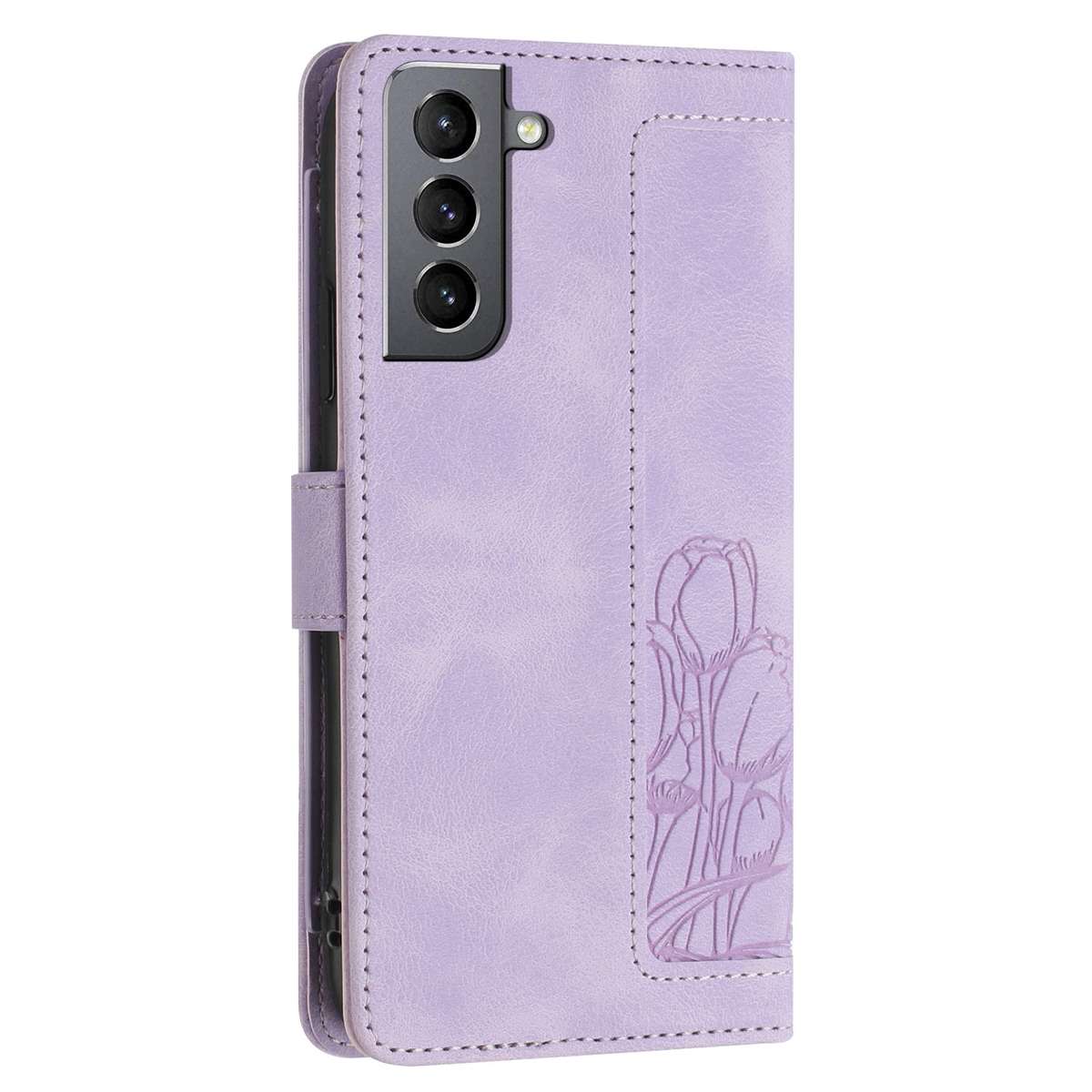For Samsung Galaxy S22+ 5G Tulips Embossed Leather Phone Case with Lanyard(Purple)