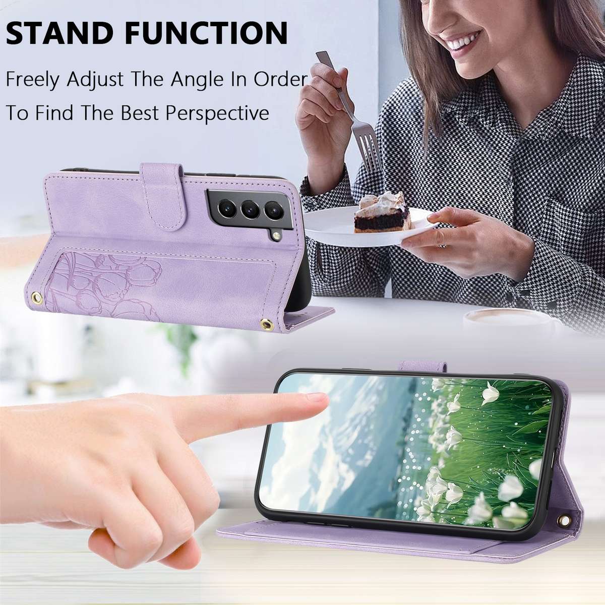 For Samsung Galaxy S22+ 5G Tulips Embossed Leather Phone Case with Lanyard(Purple)
