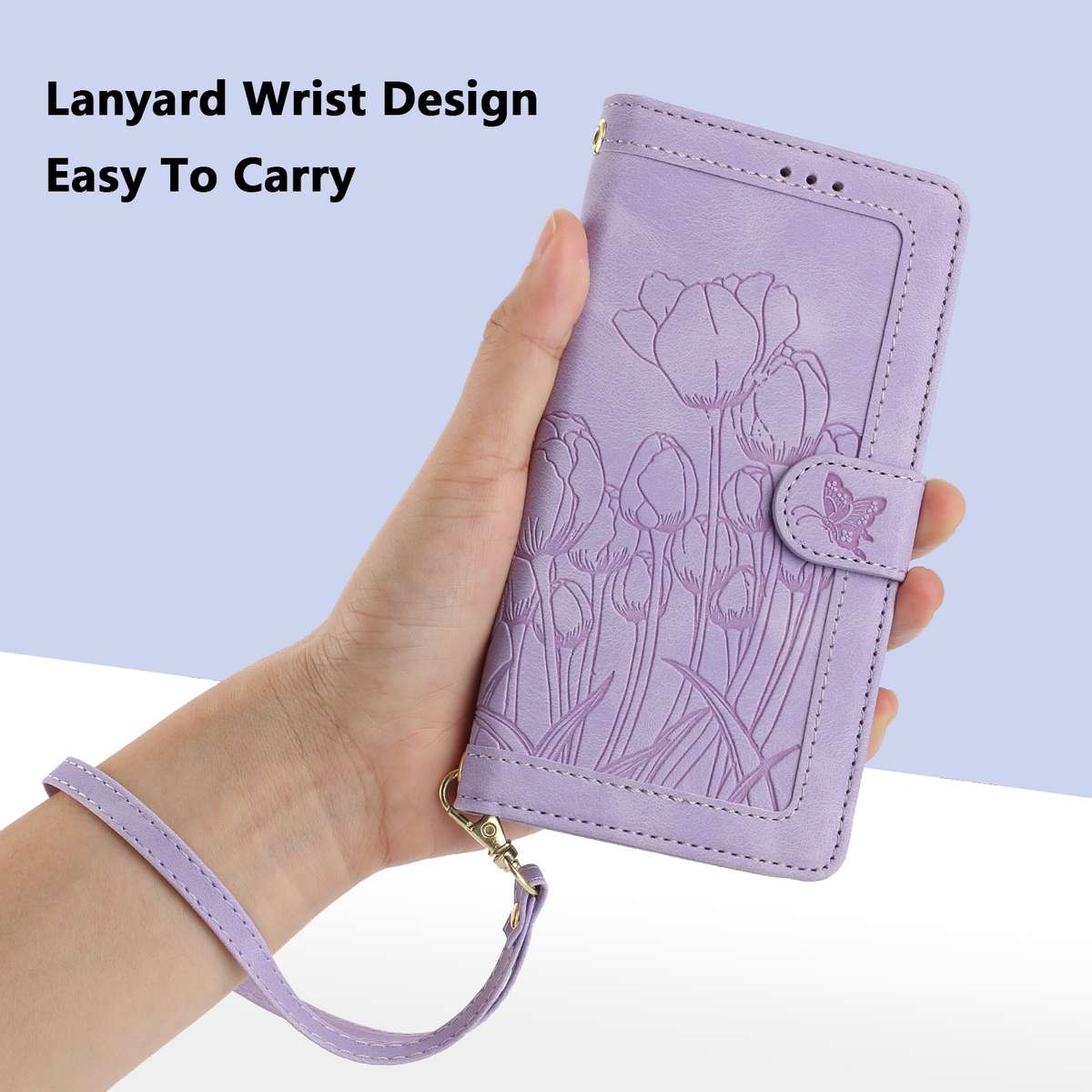 For Samsung Galaxy S22+ 5G Tulips Embossed Leather Phone Case with Lanyard(Purple)