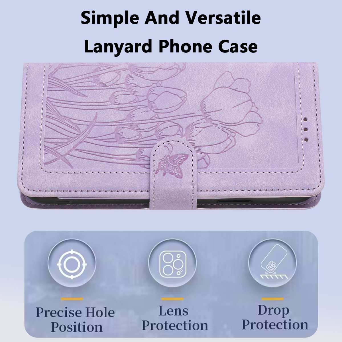 For Samsung Galaxy S22+ 5G Tulips Embossed Leather Phone Case with Lanyard(Purple)