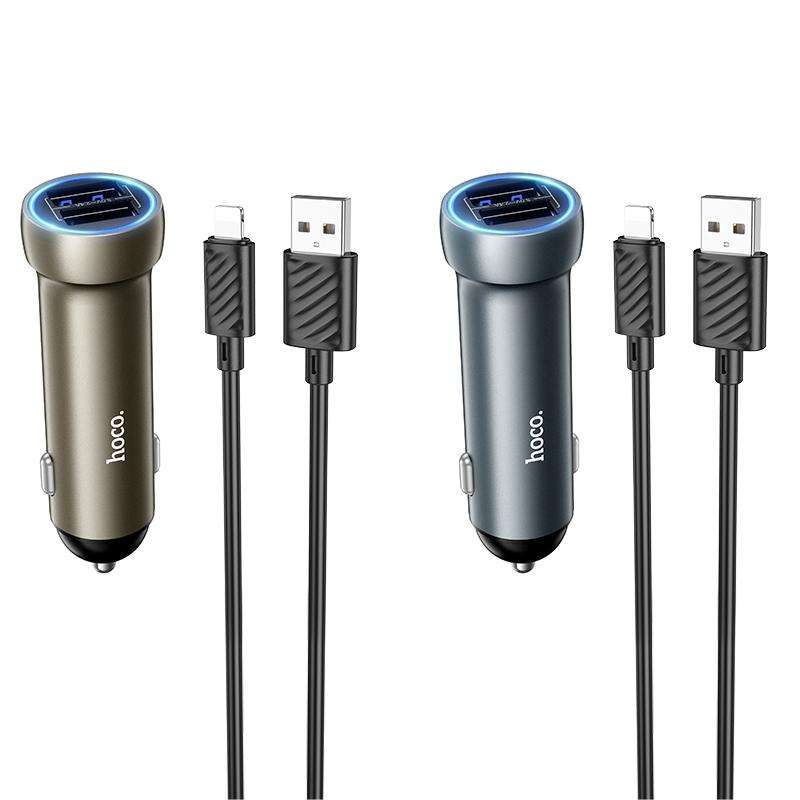 hoco Z54 Prosperous USB-A Dual Port Car Charger Set with USB to 8 Pin Cable(Grey)