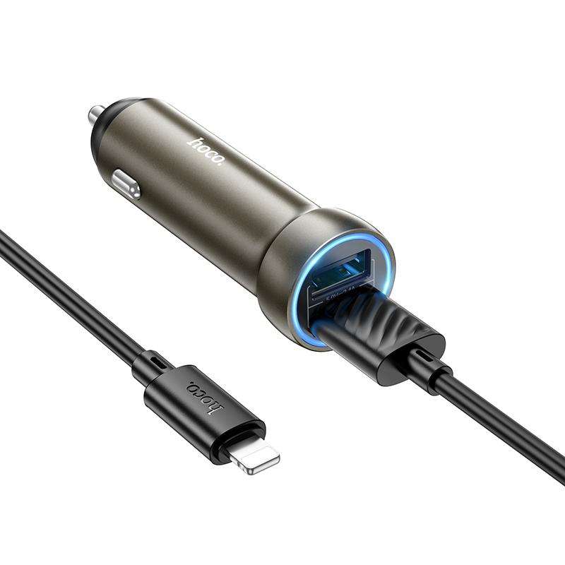 hoco Z54 Prosperous USB-A Dual Port Car Charger Set with USB to 8 Pin Cable(Grey)