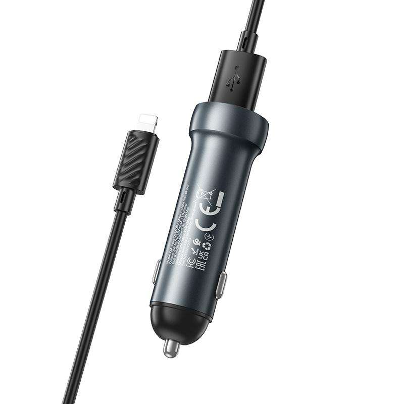 hoco Z54 Prosperous USB-A Dual Port Car Charger Set with USB to 8 Pin Cable(Grey)