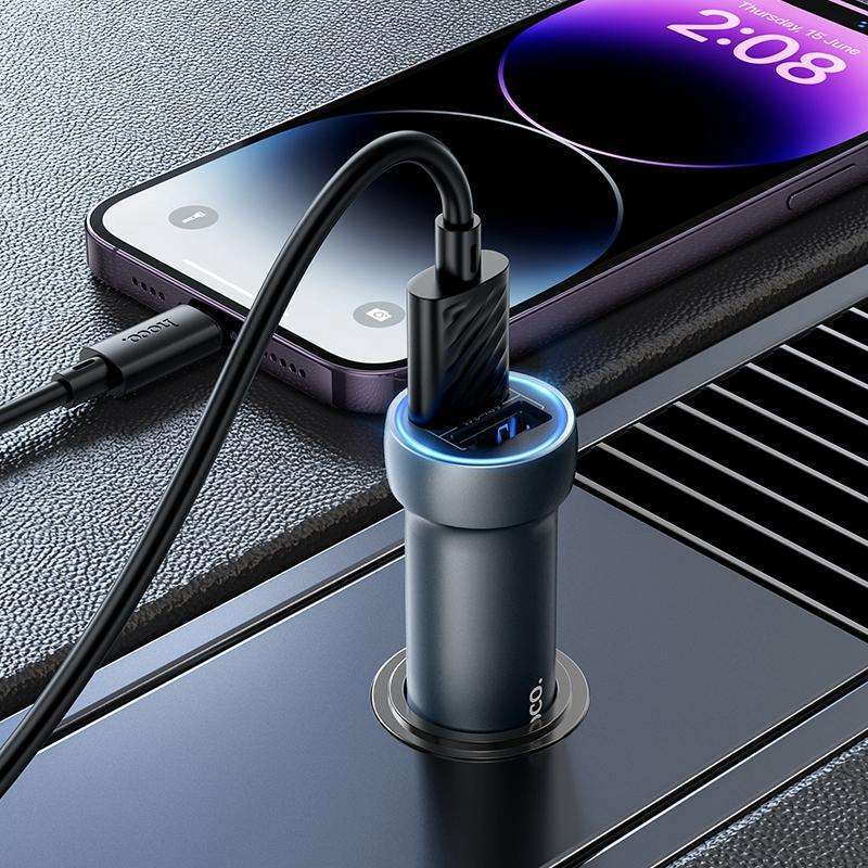 hoco Z54 Prosperous USB-A Dual Port Car Charger Set with USB to 8 Pin Cable(Grey)