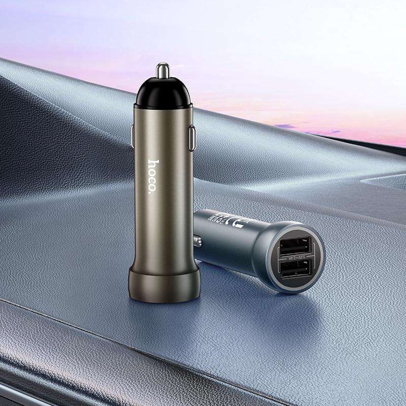 hoco Z54 Prosperous USB-A Dual Port Car Charger Set with USB to 8 Pin Cable(Grey)
