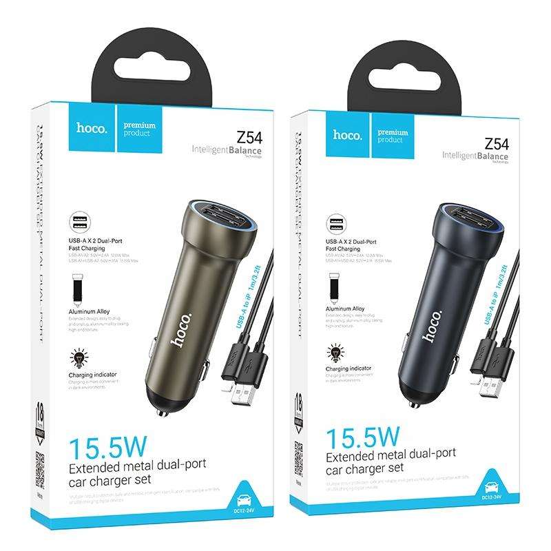 hoco Z54 Prosperous USB-A Dual Port Car Charger Set with USB to 8 Pin Cable(Grey)