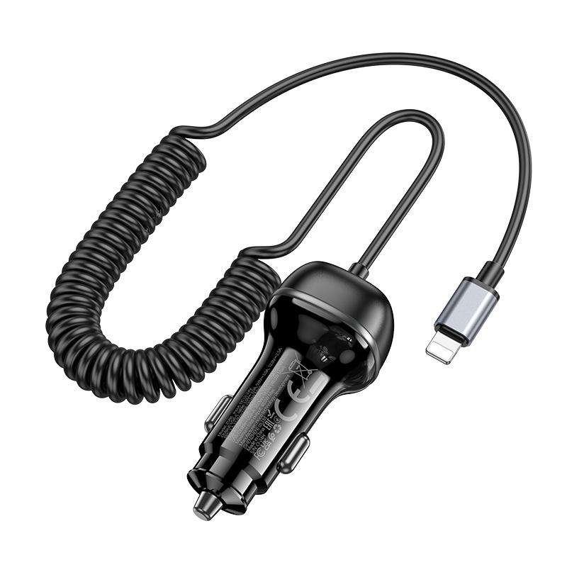 hoco Z58B Rank PD30W and QC3.0 Car Charger with 8 Pin Spring Cable(Black)
