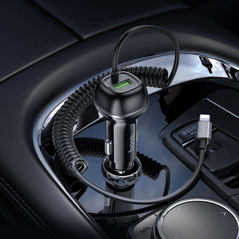 hoco Z58B Rank PD30W and QC3.0 Car Charger with 8 Pin Spring Cable(Black)