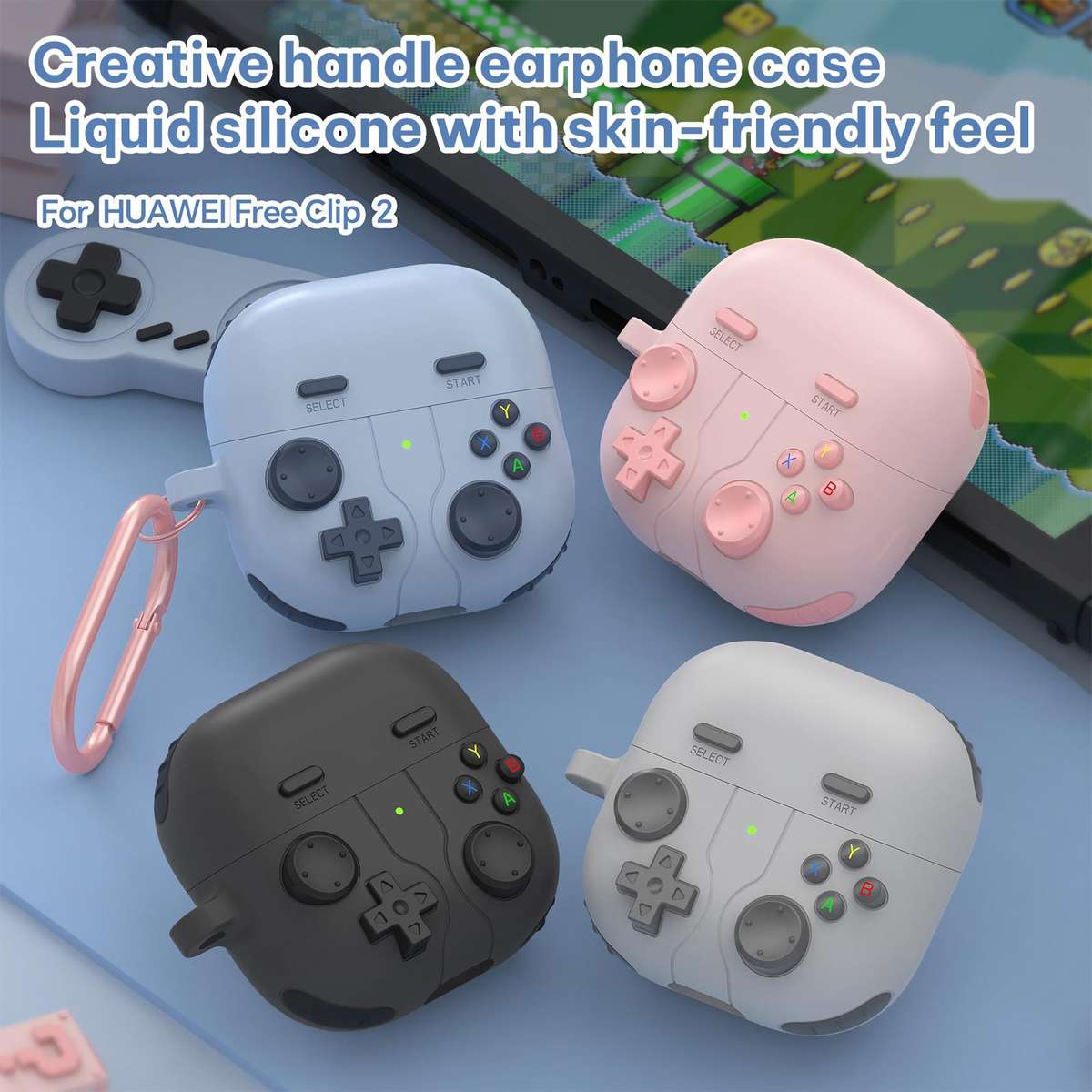 For Huawei FreeClip 2 Retro Game Console Style Silicone Earbuds Case(Blue)