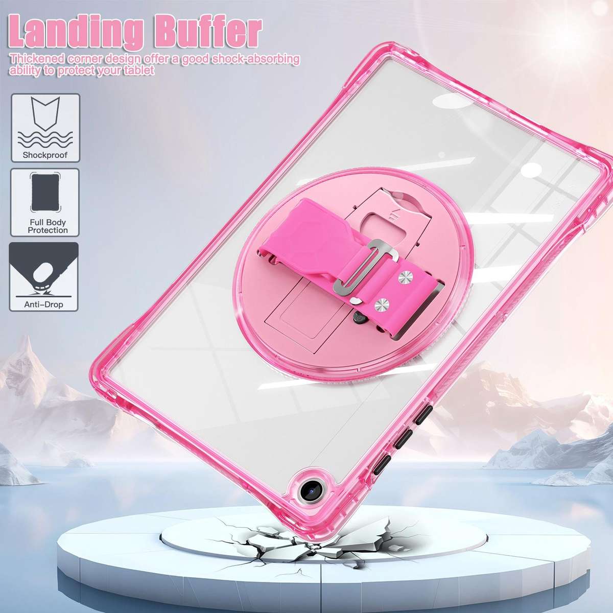 For Samsung Galaxy Tab A9+ Rotation Grip Holder TPU Hybrid Clear PC Tablet Case(Red Rose)