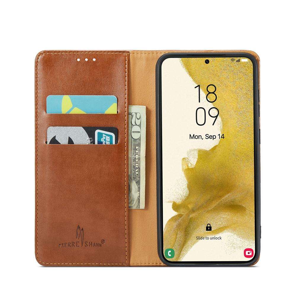 For Samsung Galaxy S25 5G Fierre Shann PU Genuine Leather Texture Phone Case(Brown)