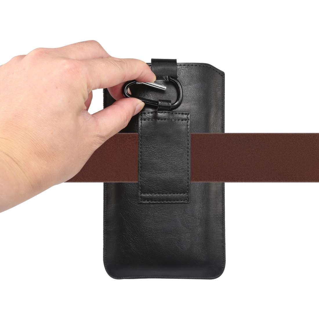 Ultra-thin Simple Drawstring Horizontal Plate Hanging Waist Phone Waist Pack Leather C ... (Black)