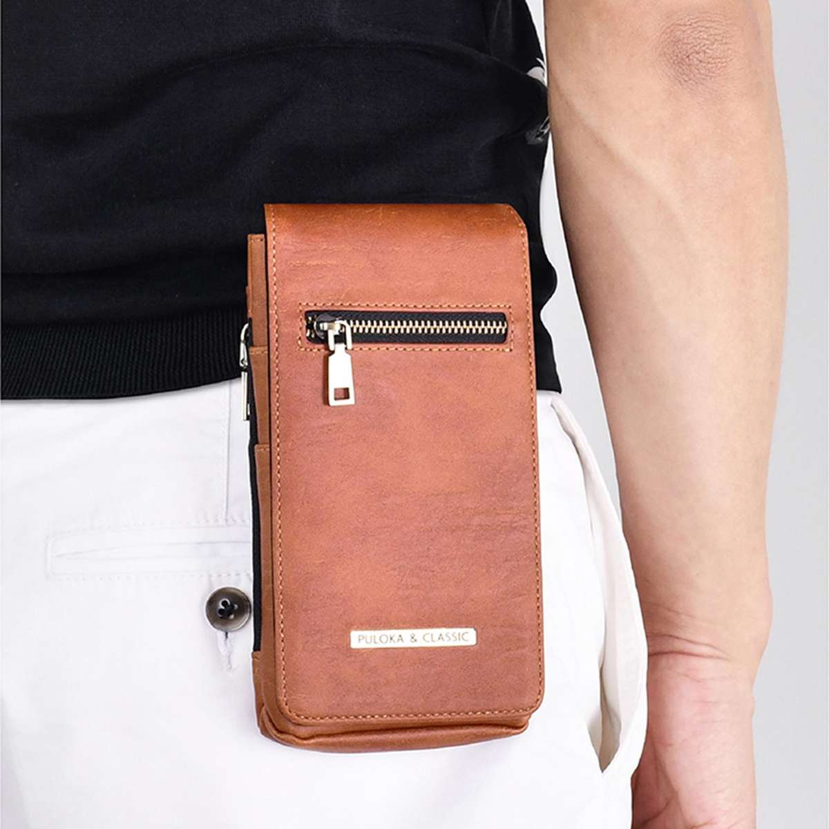 PULOKA 6.7 inch PU Zip Wallet Phone Waist Bag(Black)