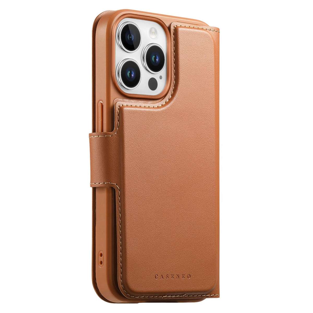 For iPhone 12 Pro Max CaseNeo Finger Grip Strap MagSafe Leather Phone Case(Brown)