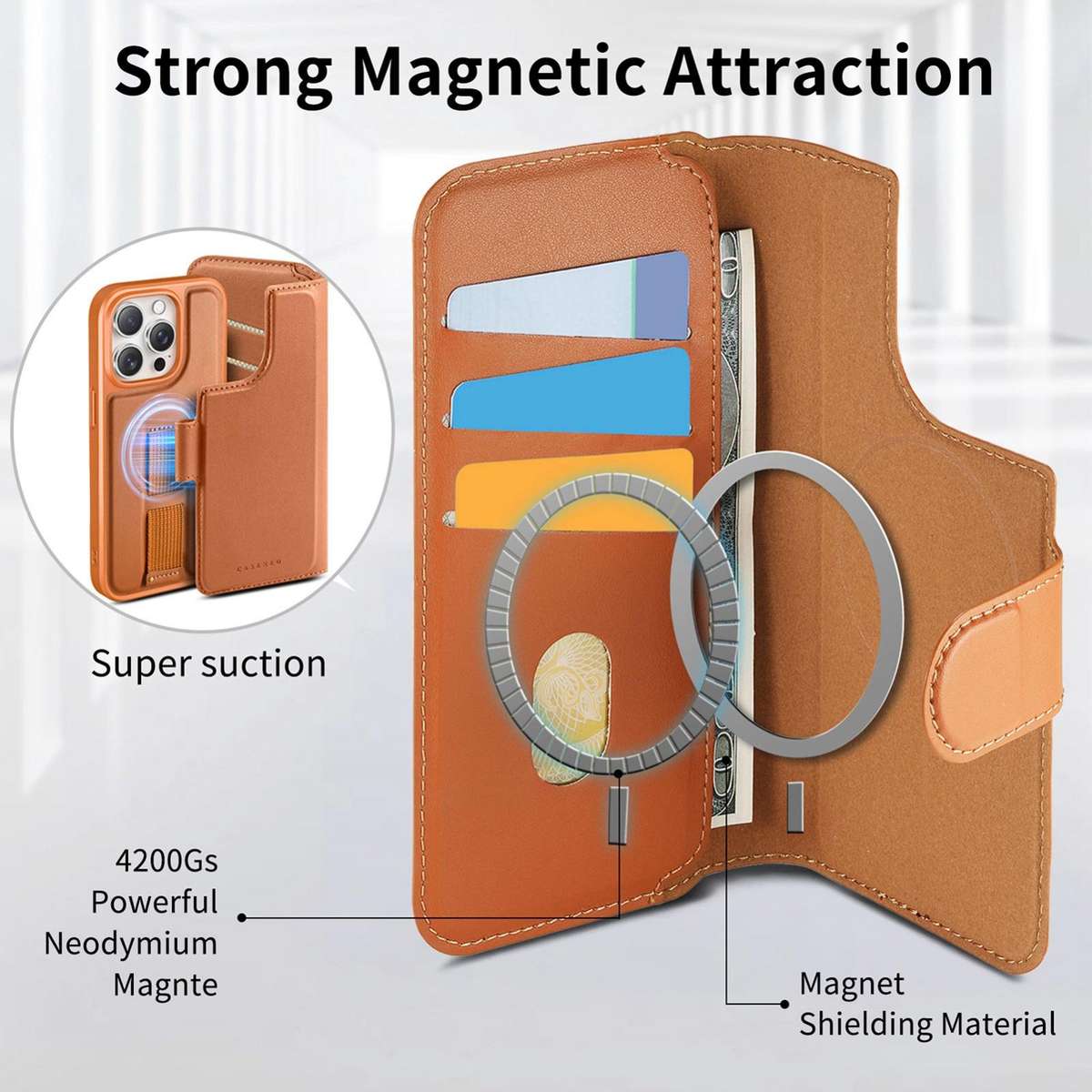 For iPhone 12 Pro Max CaseNeo Finger Grip Strap MagSafe Leather Phone Case(Brown)