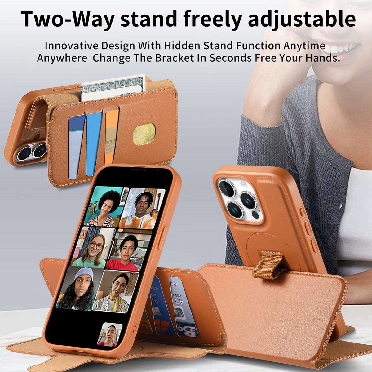 For iPhone 12 Pro Max CaseNeo Finger Grip Strap MagSafe Leather Phone Case(Brown)