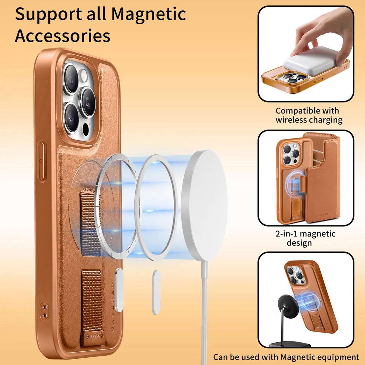 For iPhone 12 Pro Max CaseNeo Finger Grip Strap MagSafe Leather Phone Case(Brown)