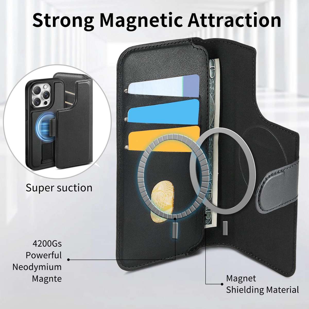 For iPhone 12 Pro Max CaseNeo Finger Grip Strap MagSafe Leather Phone Case(Black)