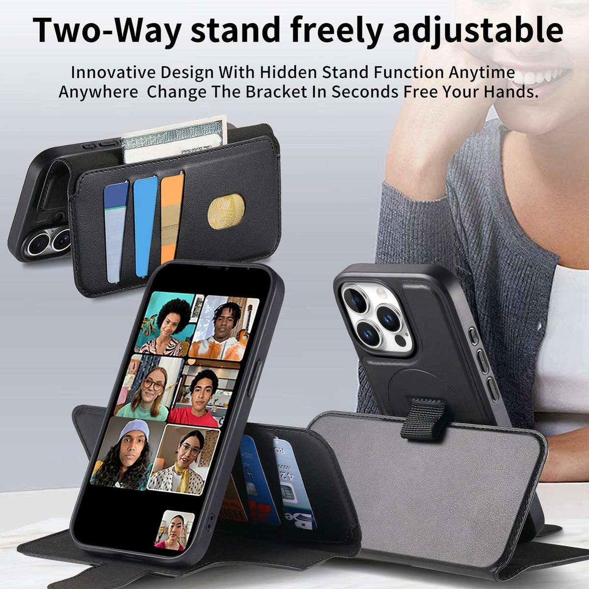 For iPhone 12 Pro Max CaseNeo Finger Grip Strap MagSafe Leather Phone Case(Black)