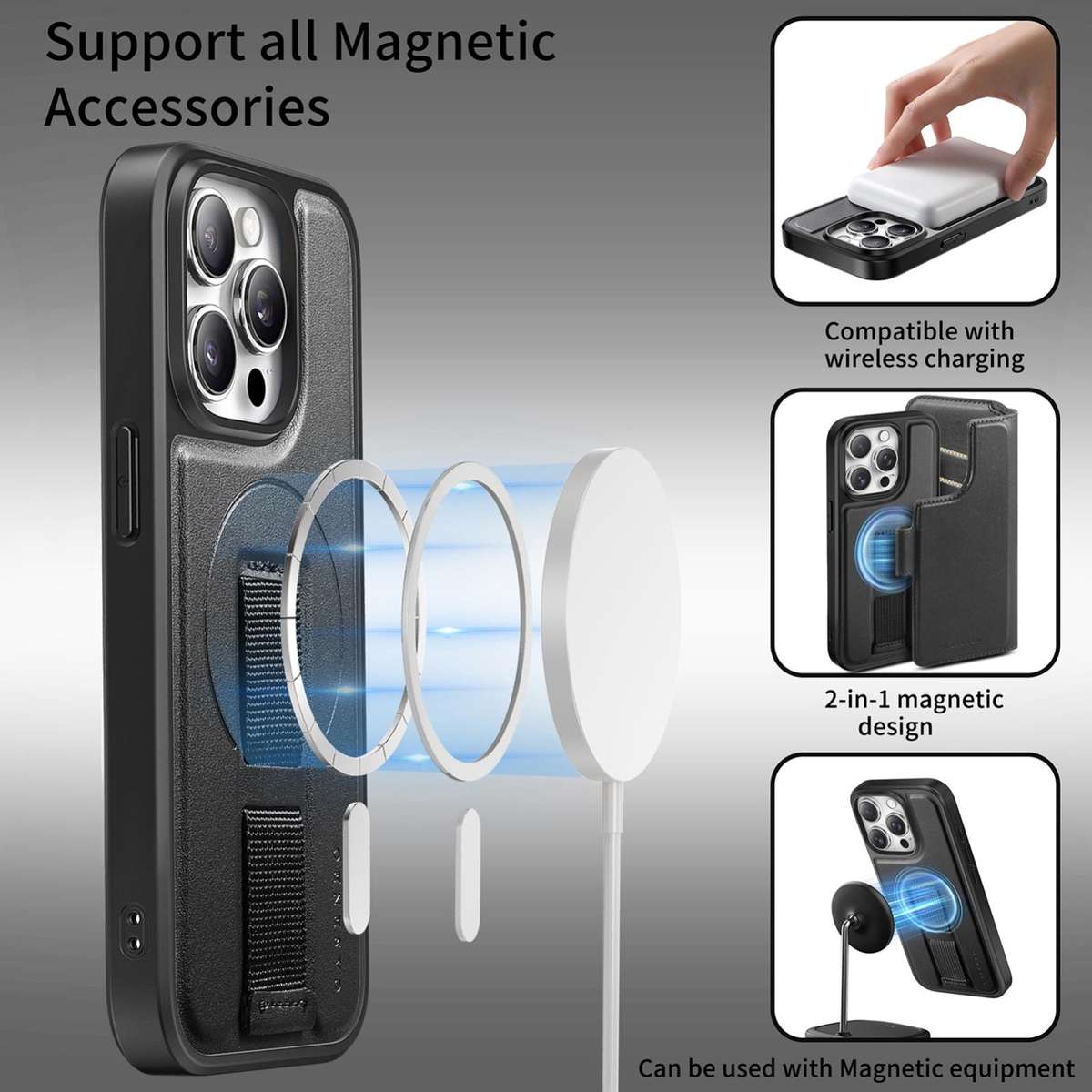 For iPhone 12 Pro Max CaseNeo Finger Grip Strap MagSafe Leather Phone Case(Black)