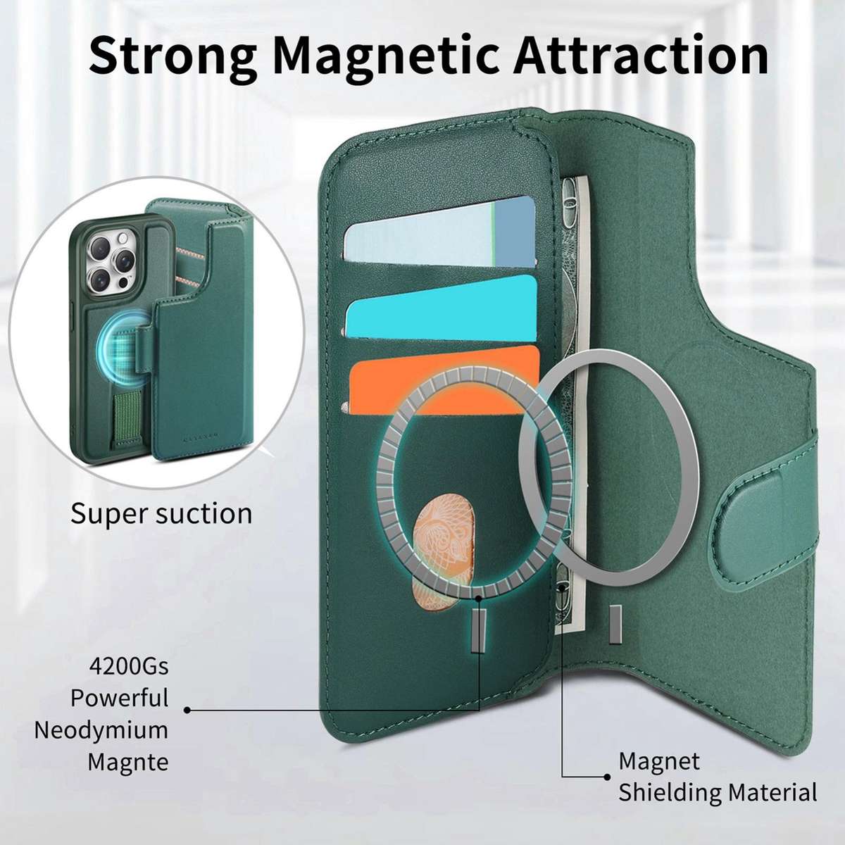 For iPhone 12 Pro Max CaseNeo Finger Grip Strap MagSafe Leather Phone Case(Green)