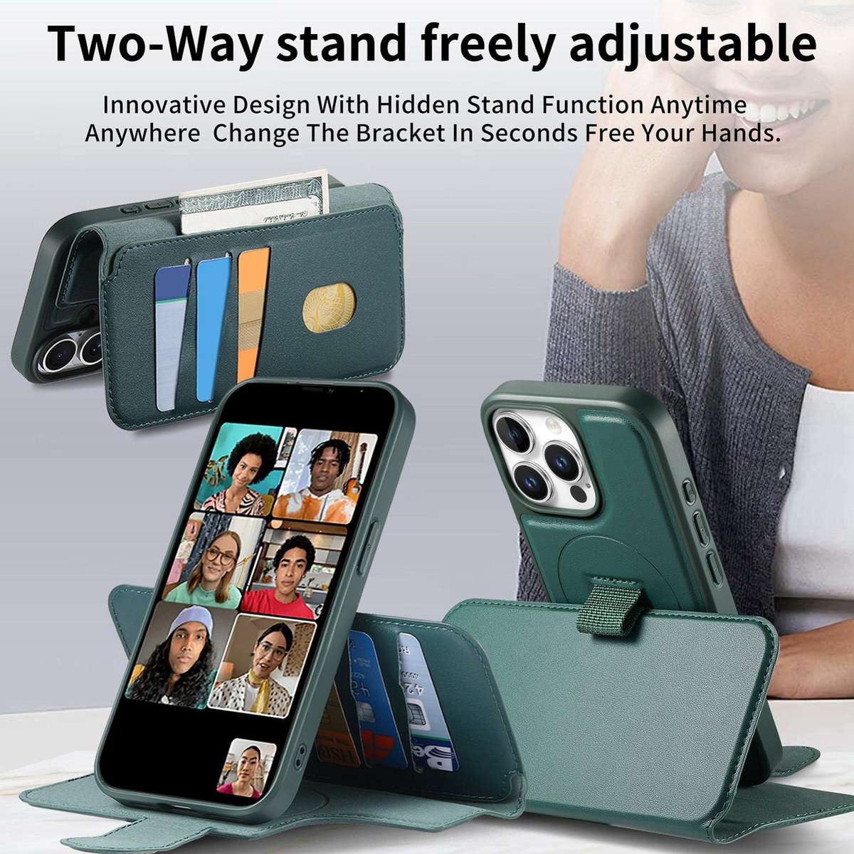 For iPhone 12 Pro Max CaseNeo Finger Grip Strap MagSafe Leather Phone Case(Green)