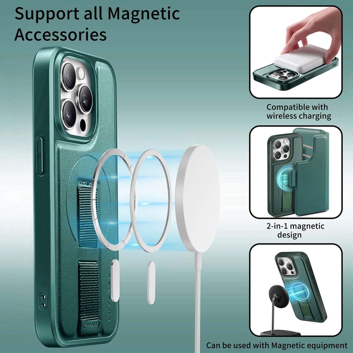 For iPhone 12 Pro Max CaseNeo Finger Grip Strap MagSafe Leather Phone Case(Green)
