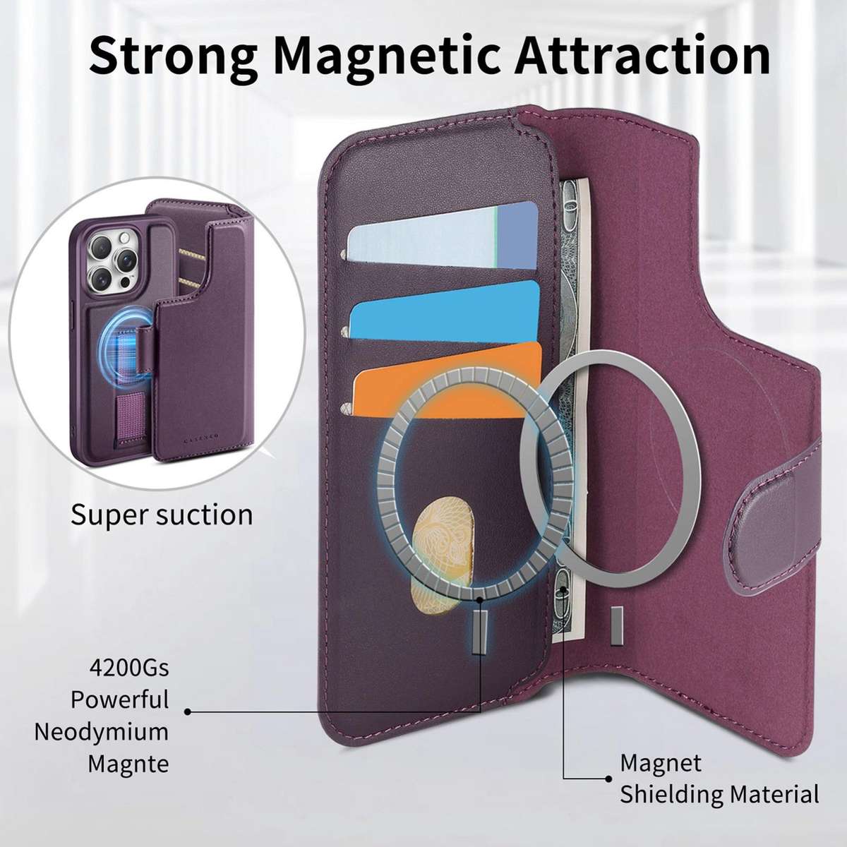 For iPhone 12 Pro Max CaseNeo Finger Grip Strap MagSafe Leather Phone Case(Purple)