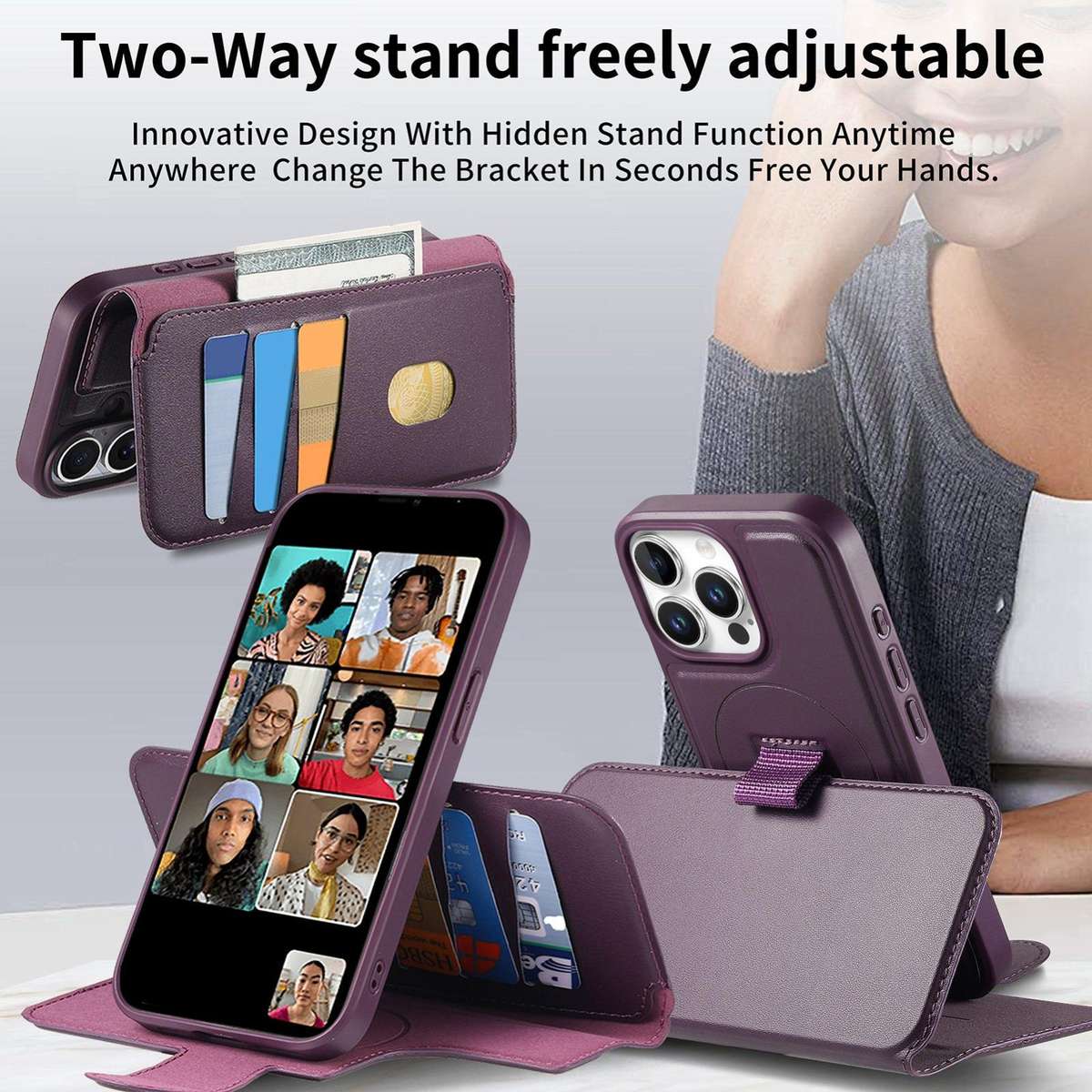 For iPhone 12 Pro Max CaseNeo Finger Grip Strap MagSafe Leather Phone Case(Purple)