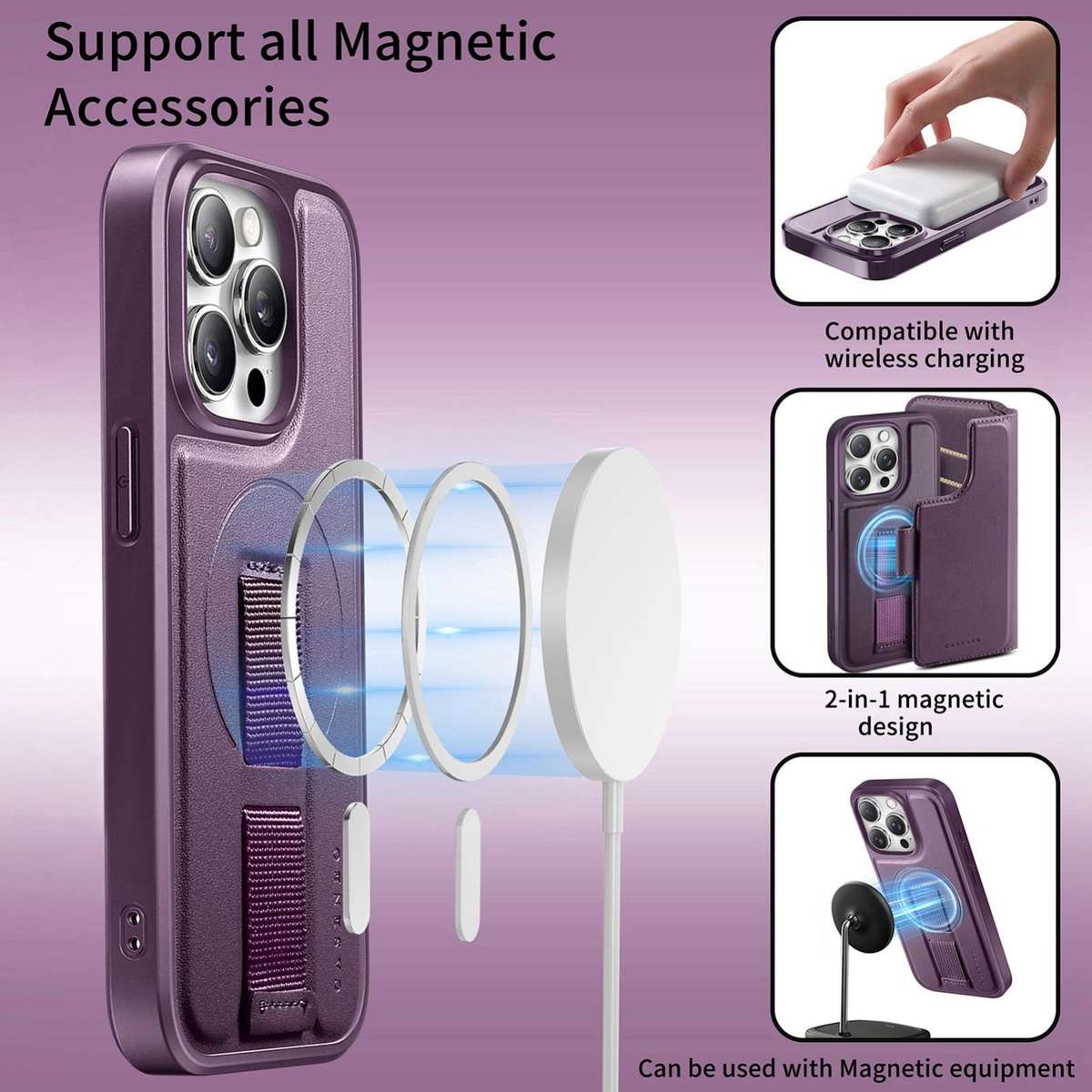 For iPhone 12 Pro Max CaseNeo Finger Grip Strap MagSafe Leather Phone Case(Purple)