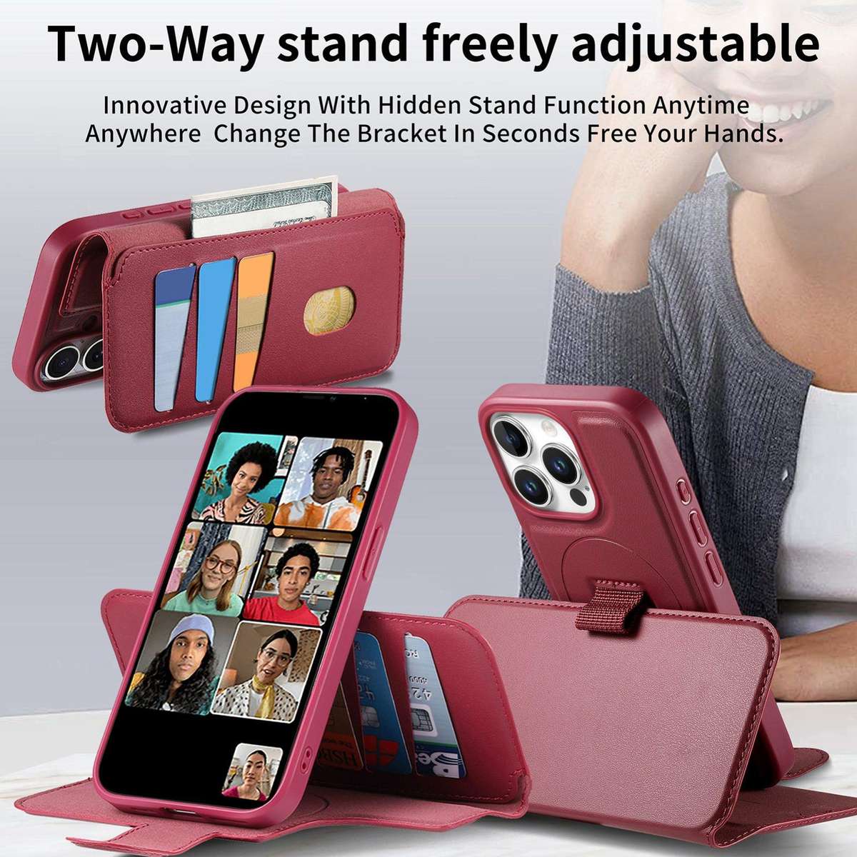 For iPhone 12 Pro Max CaseNeo Finger Grip Strap MagSafe Leather Phone Case(Red)