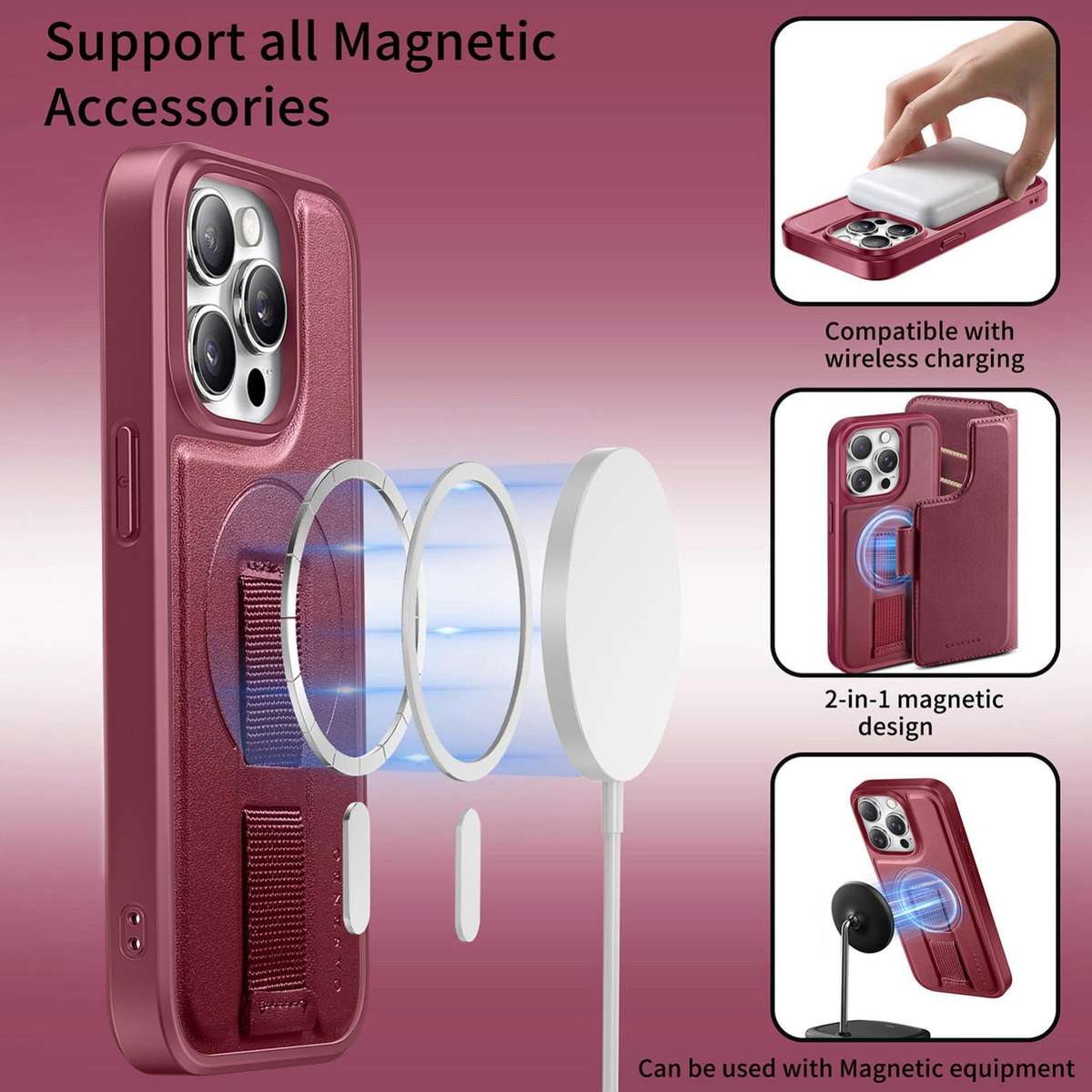 For iPhone 12 Pro Max CaseNeo Finger Grip Strap MagSafe Leather Phone Case(Red)