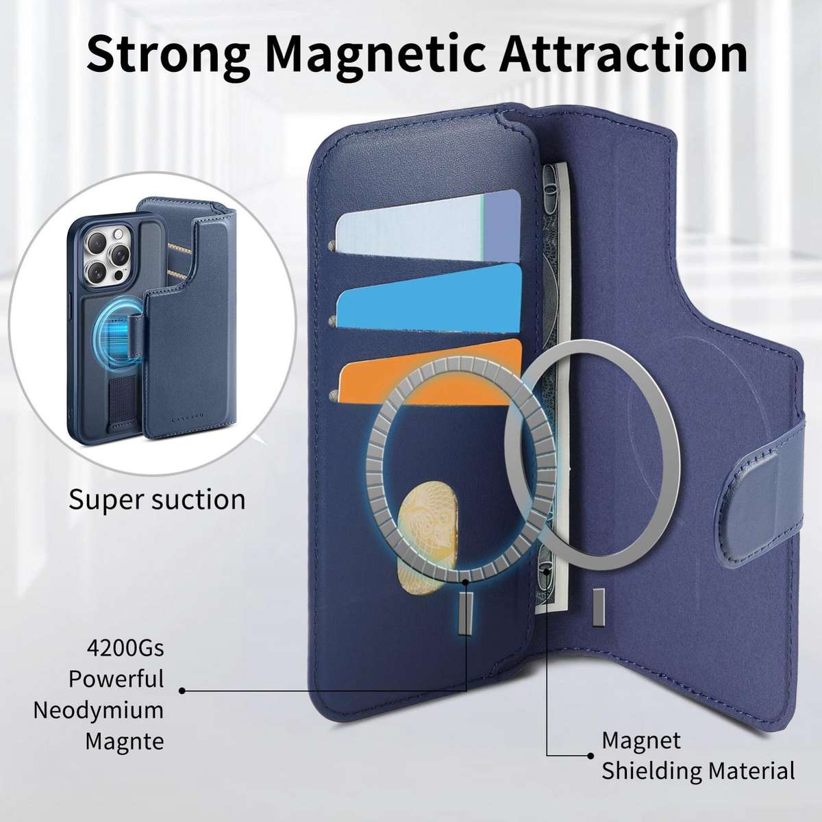 For iPhone 12 Pro Max CaseNeo Finger Grip Strap MagSafe Leather Phone Case(Blue)