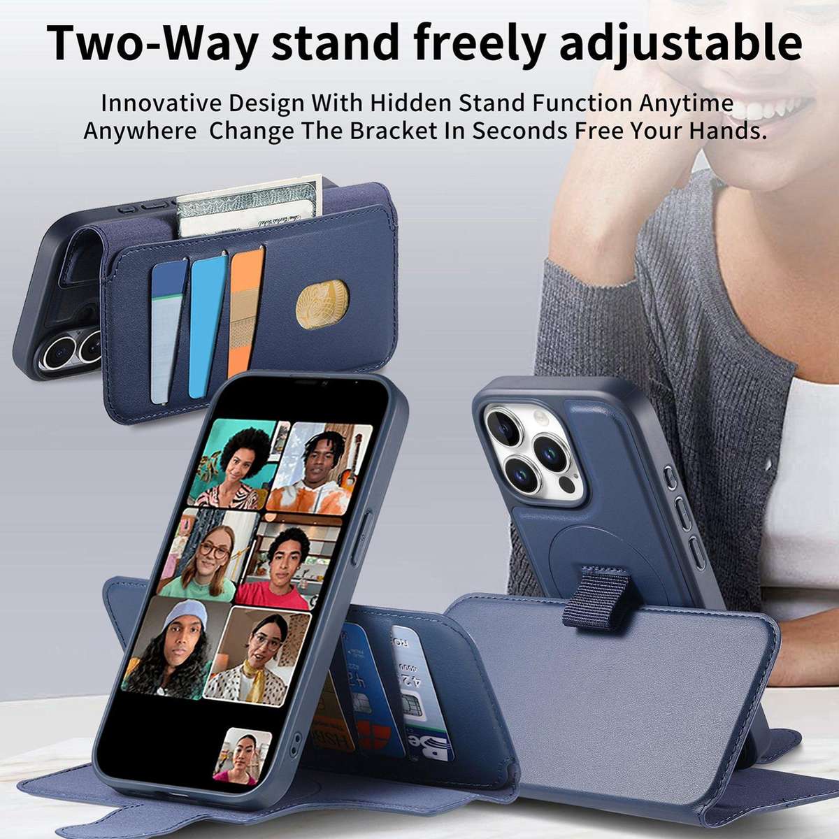 For iPhone 12 Pro Max CaseNeo Finger Grip Strap MagSafe Leather Phone Case(Blue)